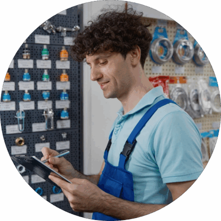 hardware store owner checking inventory with a notepad and pen