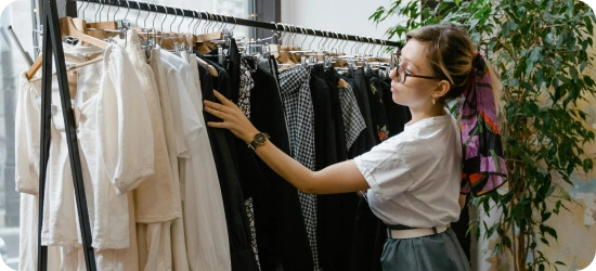 clothing store employee organizing a rack of clothes
